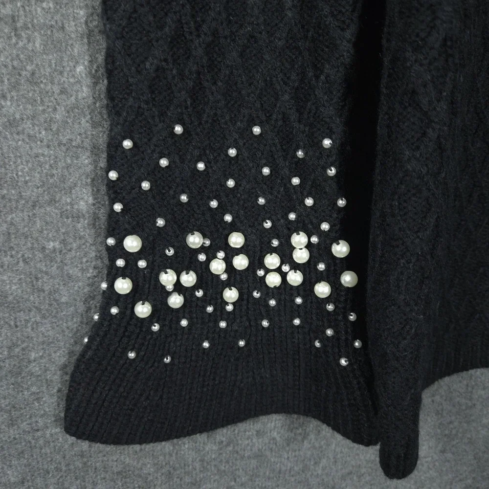 Karl Lagerfeld Paris Black Diamond Knit Pearl Embellished‎ Sweater Womens Size S
